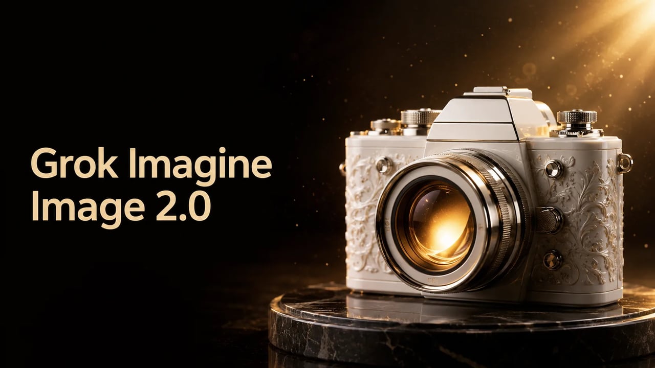 Grok Imagine Image 2.0 product hero — left soft type, right porcelain camera sculpture