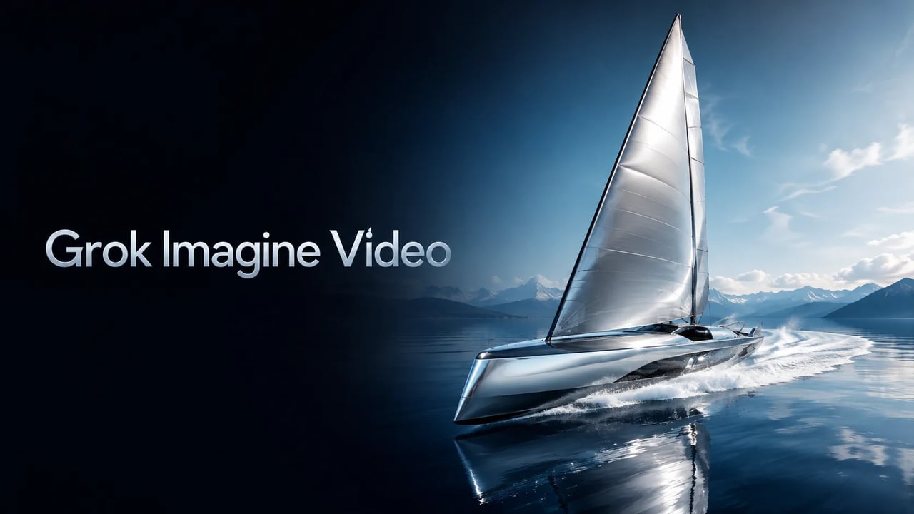 Grok Imagine Video product hero — left soft type, right silver racing yacht