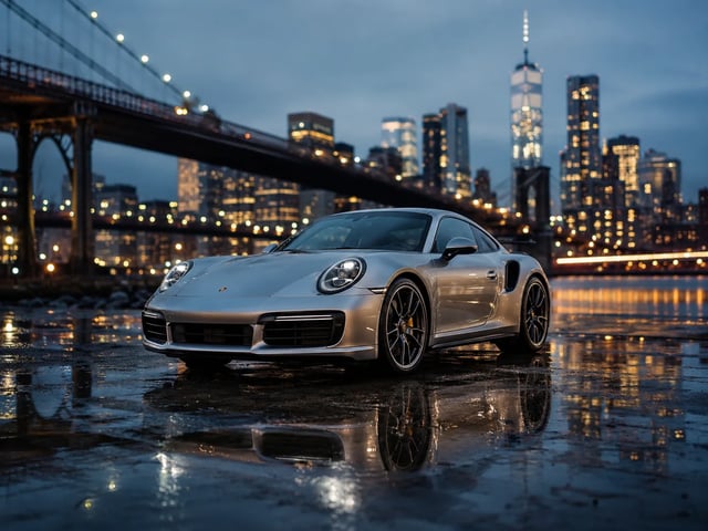 Agency pitch key visual — silver sports car at blue hour