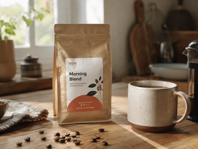 Brand revision still — coffee pack with NEW badge on kitchen table