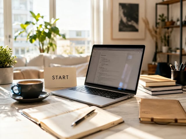 Founder landing still — sunlit desk workspace with START card