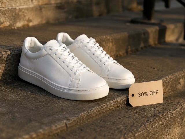 Performance ad still — white sneakers with 30% OFF tag, golden hour