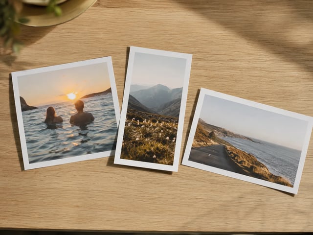 Multi-ratio campaign prints laid on oak table