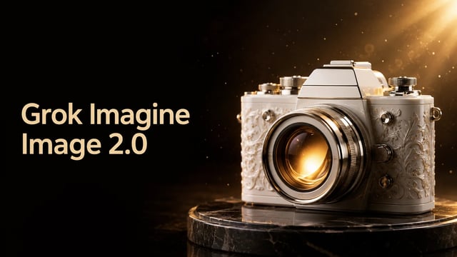 Grok Imagine Image 2.0 product hero — left soft type, right porcelain camera sculpture